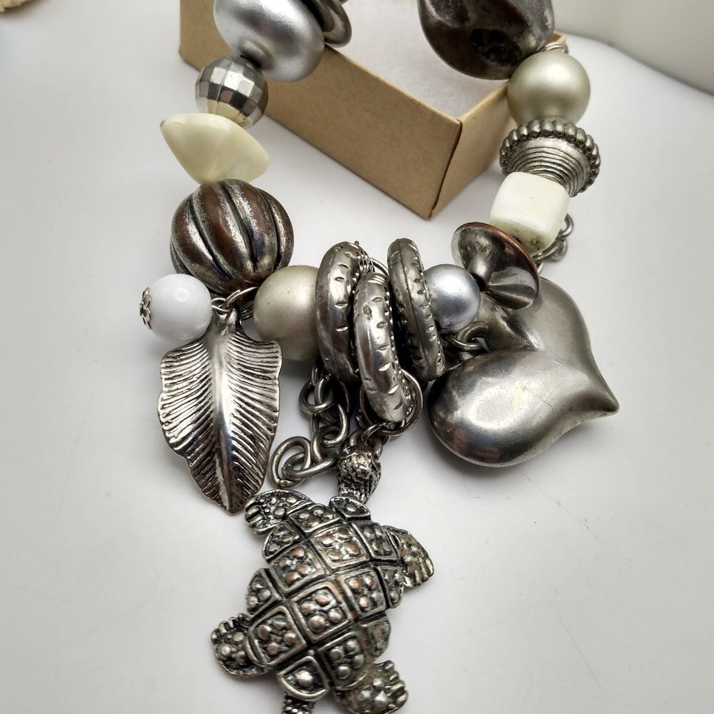Silver toned‎ turtle charm bracelet bulky chunky stretch